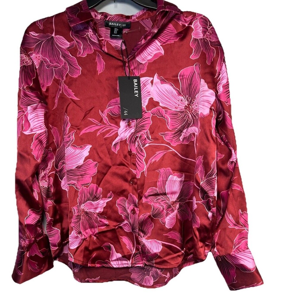 Bailey 44 Magenta Pink Floral Satin Button Down Shirt Long Sleeve NWT $189 Small